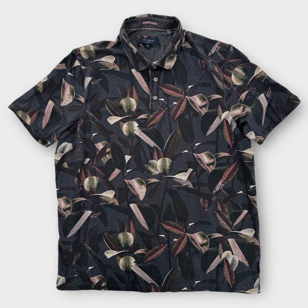Ted Baker Polo Shirt Mens 6 Slim Fit Leaf Print Button Floral Cotton Casual Gray